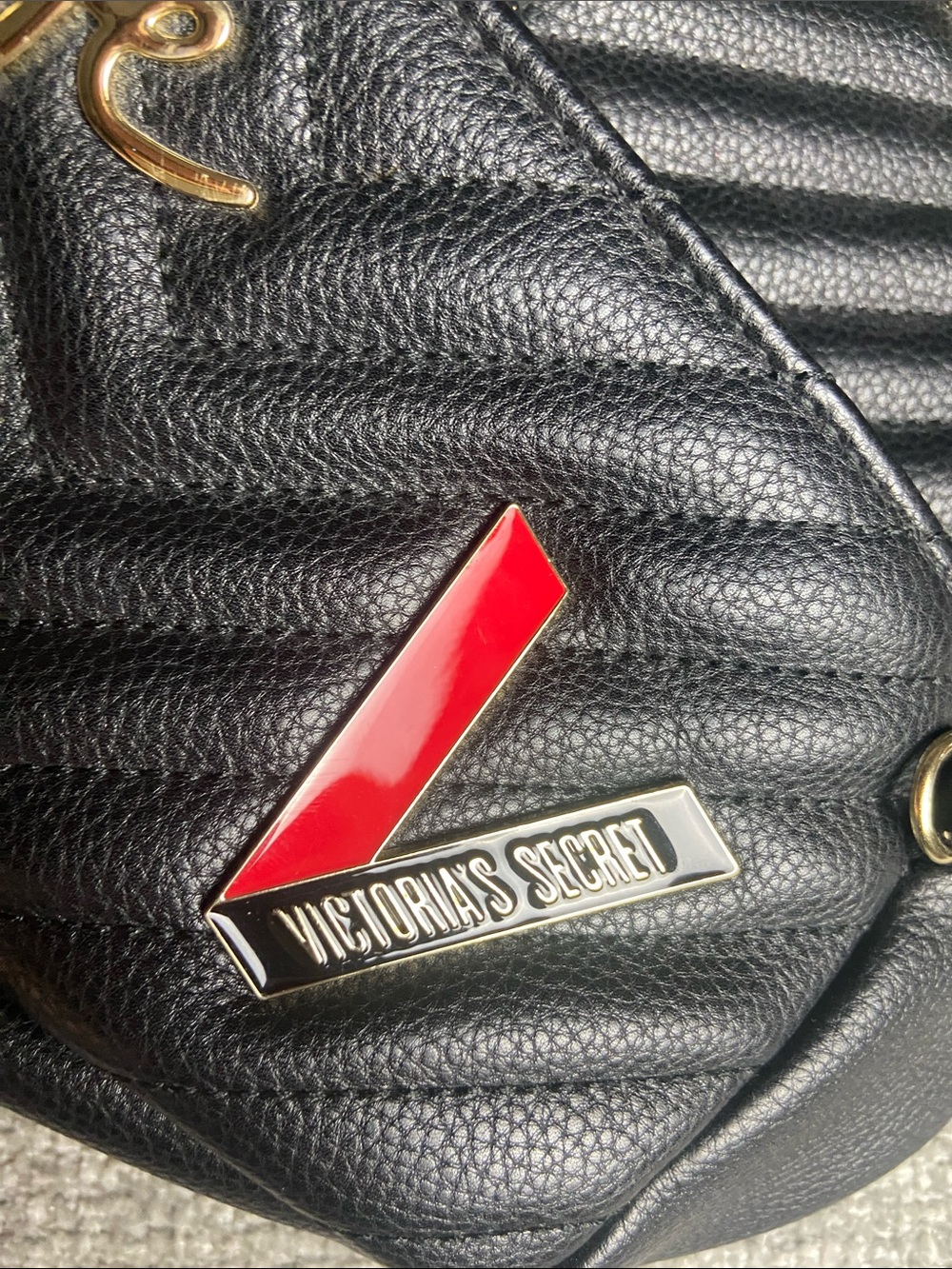 Victoria's Secret Black Quilted Mini Backpack with Gold Accents and Red Detail - Picture 2 of 10